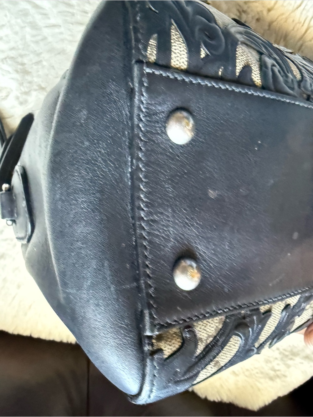 Gucci Preloved Black GG Supreme Arabesque Tooled Floral Leather Accent Satchel - Picture 6 of 17